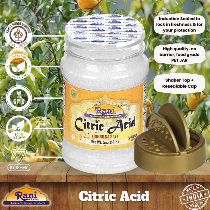 Rani Citric Acid Powder, Food Grade (Limbu Ka Ful) 5oz (141g) PET Jar ~ Used for Cooking, Bath Bombs, Cleaning | Gluten Friendly | Kosher | Indian Origin