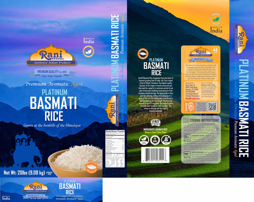 Rani Platinum White Basmati Rice Extra Long Aged 20-Pound Bag, 320oz (20lbs) 9.08kg ~ All Natural | Gluten Friendly | Vegan | Indian Origin | Kosher | Export Quality