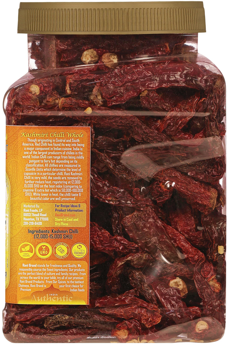 Rani Kashmiri Chilli Whole Stemless (Deggi Mirch, Low Heat) 9oz (255g) PET Jar ~ Natural | Salt-Free | Vegan | No Colors | Gluten Friendly | NON-GMO | Kosher | Indian Origin