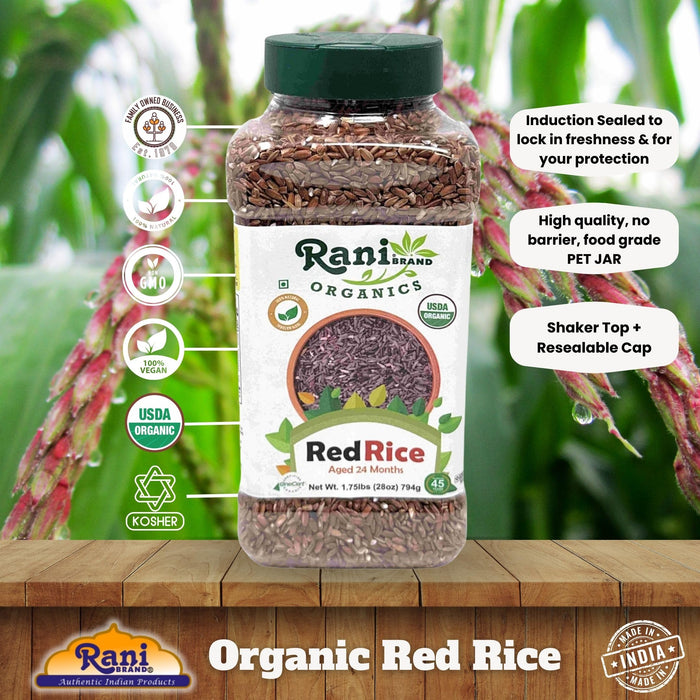 Rani Organic Red Rice Extra Long Aged 28oz (1.75lbs) 800g PET Jar ~ All Natural | Gluten Friendly | Vegan | Indian Origin | Kosher | Export Quality | USDA Certified Organic