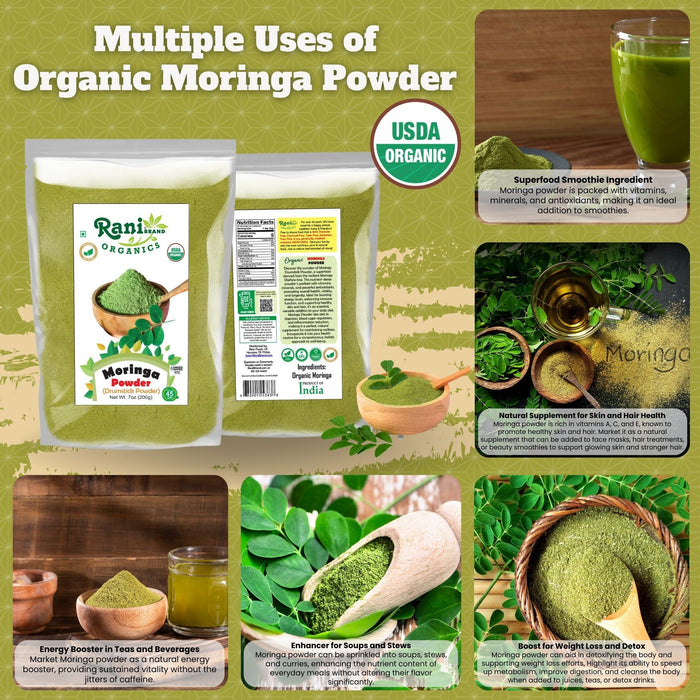 Rani Organic Moringa Powder (Drumstick Powder) 7oz (200g) ~ 100% Natural | Vegan | Gluten Friendly | NON-GMO | Kosher | No colors | Indian Origin | USDA Certified Organic
