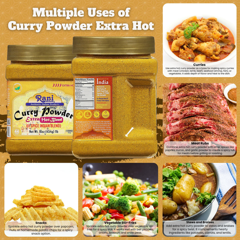 Rani Curry Powder EXTRA HOT Natural 11-Spice Blend 16oz (1lbs) 454g PET Jar ~ Salt Free | Vegan | Gluten Friendly | NON-GMO | Kosher | Indian Origin
