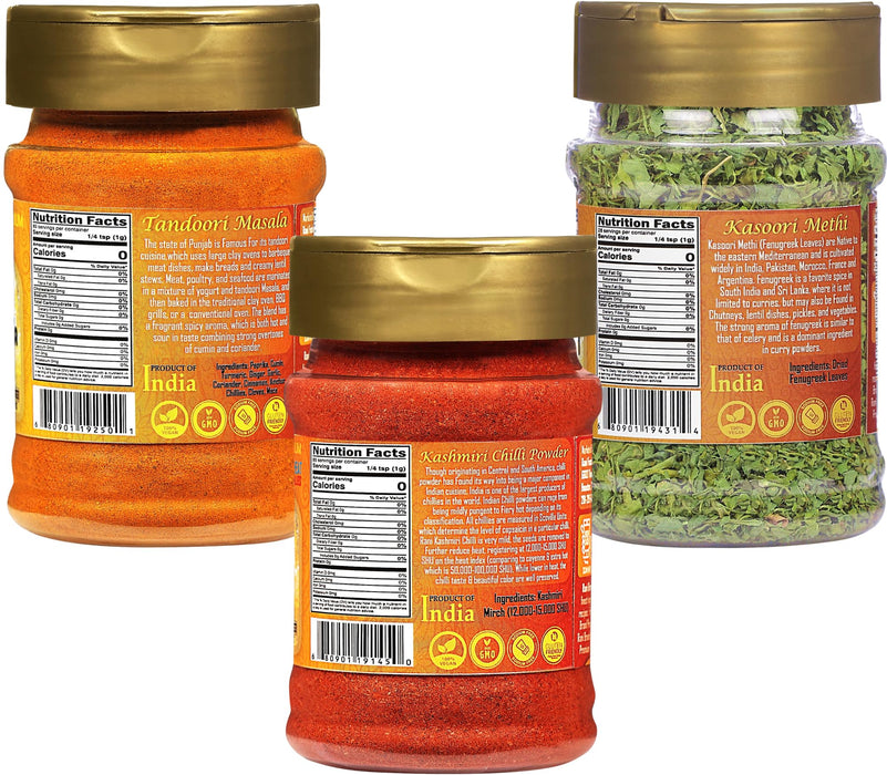 Rani Tandoori Masala 3oz (85g), Kashmiri Chilli Powder 3oz (85g), Kasoori Methi 1oz (28g) PET Jar Combo Pack of 3 ~ All Natural | Vegan | Gluten Friendly | NON-GMO | Indian Origin