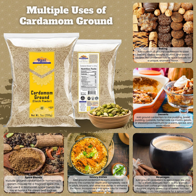 Rani Cardamom (Elachi) Ground, Powder Indian Spice 7oz (200g) ~ All Natural | No Color added | Gluten Friendly | Vegan | NON-GMO | Kosher | No Salt or fillers