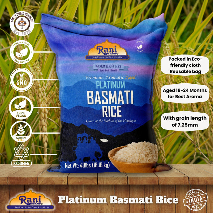 Rani Platinum White Basmati Rice Extra Long Aged 40-Pound Bag, 640oz (40lbs) 18.16kg ~ All Natural | Gluten Friendly | Vegan | Indian Origin | Kosher | Export Quality