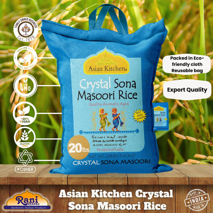 Asian Kitchen Crystal Sona Masoori Aged Rice 20lbs (9.08kg) Short Grain Rice ~ All Natural | Gluten Friendly | Vegan | Indian Origin | Export Quality