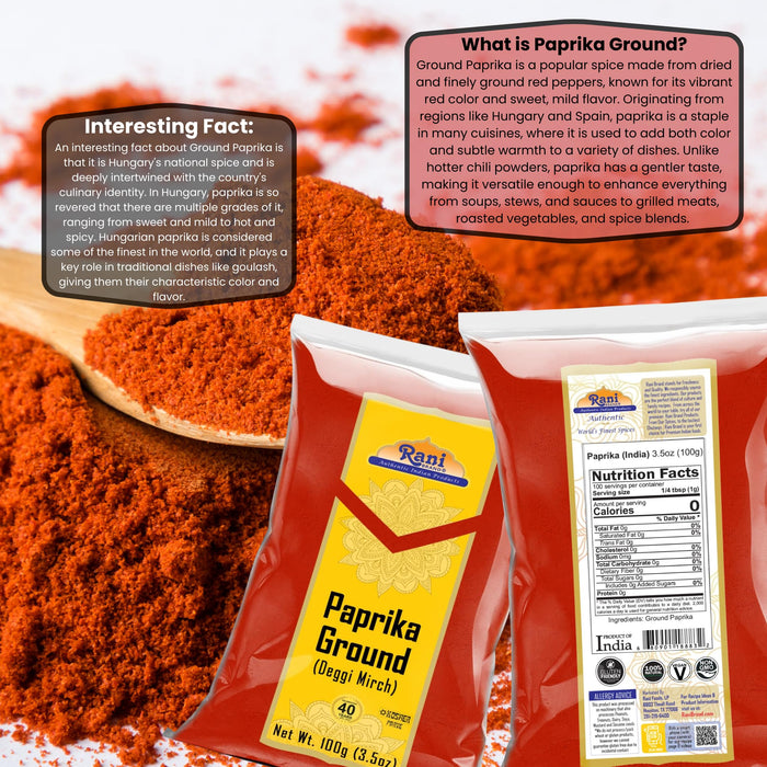 Rani Paprika (Deggi Mirch, Low Heat, Low Heat) Spice Powder, Ground 3.5oz (100g) ~ All Natural, Salt-Free | Vegan | No Colors | Gluten Friendly | NON-GMO | Kosher | Indian Origin