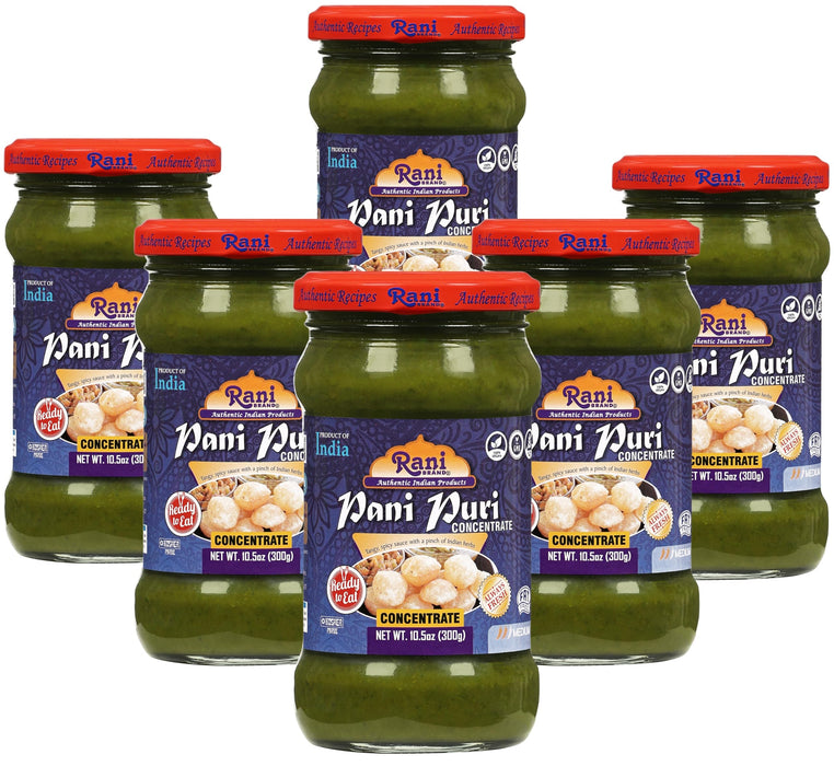 Rani Pani Puri Concentrate (Sweet & Spicy to Make Pani Water / Spicy Water) 10.5oz (300g) Glass Jar, Ready to Eat, Pack of 5+1 FREE ~ Vegan