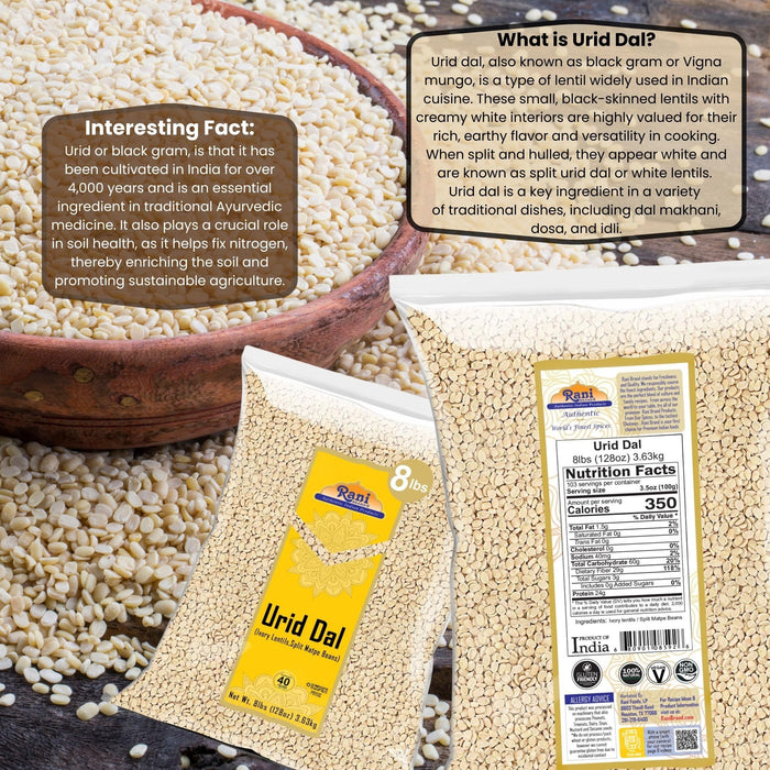 Rani Urid/Urad Dal (Split Matpe Beans Skinless) Indian Lentils 128oz (8lbs) 3.63kg Bulk ~ All Natural | Gluten Friendly | NON-GMO | Kosher | Vegan | Indian Origin