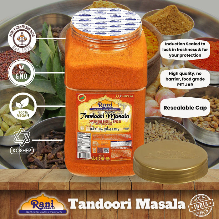 Rani Tandoori Masala (Natural, No Colors Added) Indian 11-Spice Blend 80oz (5lbs) 2.27kg Bulk PET Jar ~ Salt Free | Vegan | Gluten Friendly | NON-GMO | Kosher | Indian Origin