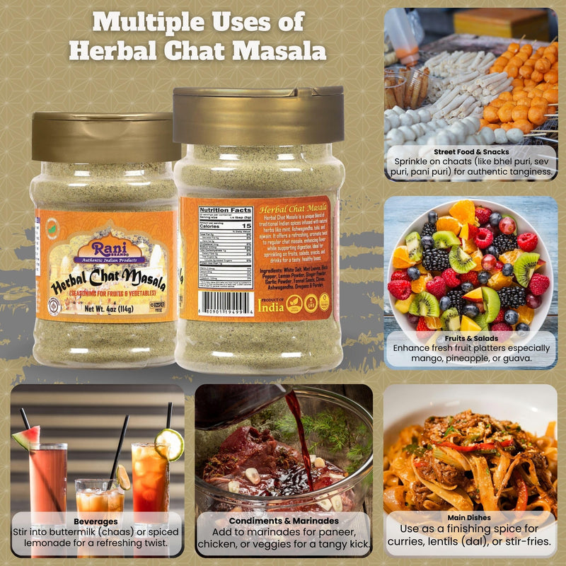 Rani Herbal Chat Masala (Seasoning for Fruits & Vegetable) Tangy Indian Seasoning 4oz (113g) PET Jar ~ All Natural | No MSG | Vegan | No Colors | Gluten Friendly | NON-GMO | Kosher | Indian Origin