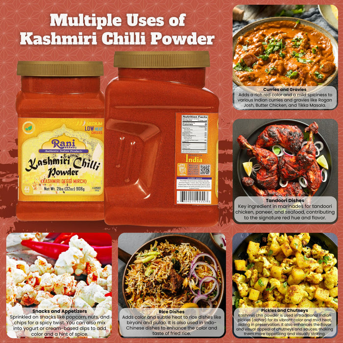 Rani Kashmiri Chilli Powder (Deggi Mirch, Low Heat) Ground Indian Spice 32oz (2lbs) 908g PET Jar ~ All Natural | Salt-Free | Vegan | Kosher | No Colors | Perfect for Deviled Eggs & Other Low Heat Dishes