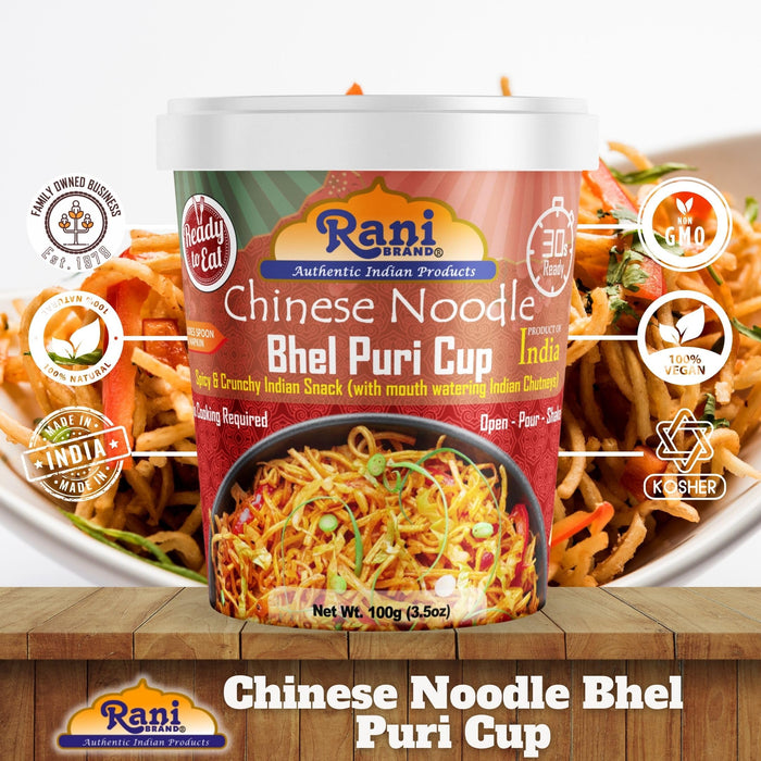 Rani Chinese Noodle Bhel Puri Cup (Spicy & Crunchy Indian Snack w/mouth watering Indian Chutneys) 3.5oz (100g), Pack of 2 ~ Ready to Eat | Vegan | NON-GMO | Indian Origin