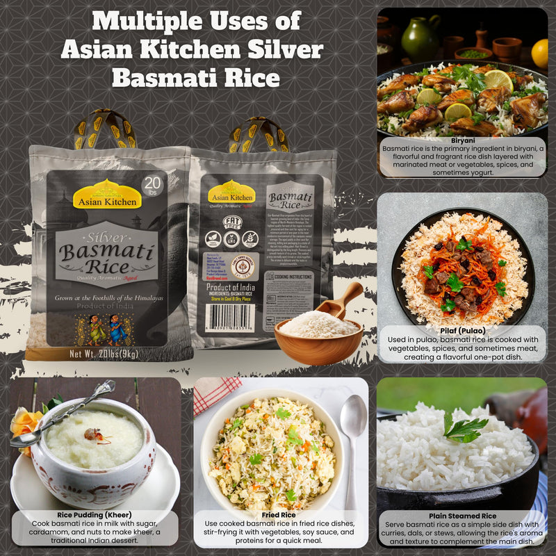 Asian Kitchen Silver White Basmati Rice Aged, 20 Pound (20lbs, 9.08kg) ~ All Natural | Gluten Friendly | Vegan | Indian Origin | Export Quality