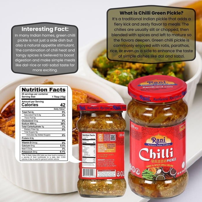 Rani Green Chilli Pickle Hot (Achar, Spicy Indian Relish) 10.5oz (300g)  ~ Glass Jar, Natural | Vegan | Gluten Free | NON-GMO | Kosher | No Colors