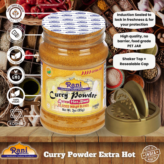 Rani Curry Powder EXTRA HOT Natural 11-Spice Blend 3oz (85g) PET Jar ~ Salt Free | Vegan | Gluten Friendly | NON-GMO | Kosher | Indian Origin