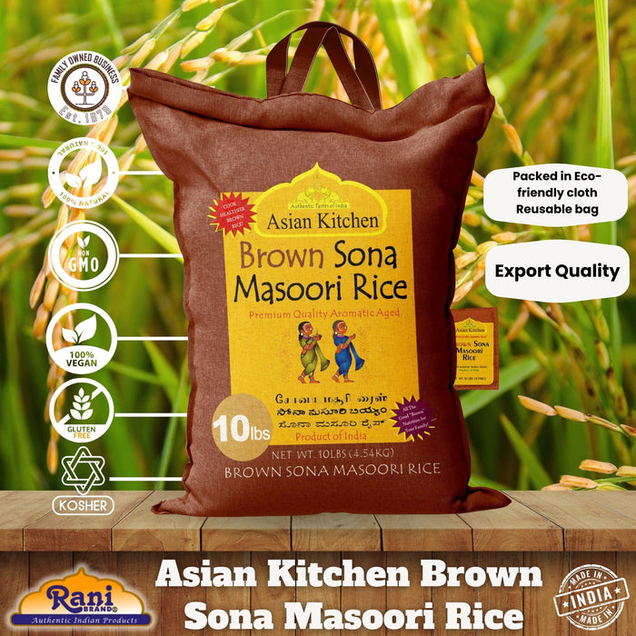 Asian Kitchen Brown Sona Masoori Aged Rice 10lbs (4.54kg) Short Grain Rice ~ All Natural | Gluten Friendly | Vegan | Kosher | Indian Origin | Export Quality
