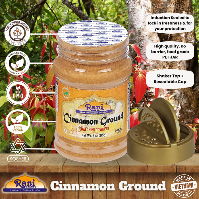 Rani Cinnamon Powder (Ground) Spice 3oz (85g) PET Jar ~ All Natural, Salt-Free | Vegan | No Colors | Gluten Friendly | NON-GMO | Kosher