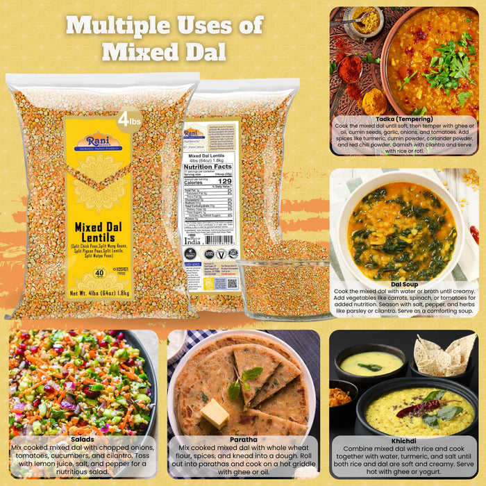 Rani Mixed Dal (Chana Dal, Moong Dal, Toor Dal, Masoor Dal, Urad Dal) 64oz (4lbs) 1.81kg Bulk ~ All Natural | Gluten Friendly | NON-GMO | Kosher | Vegan | Indian Origin