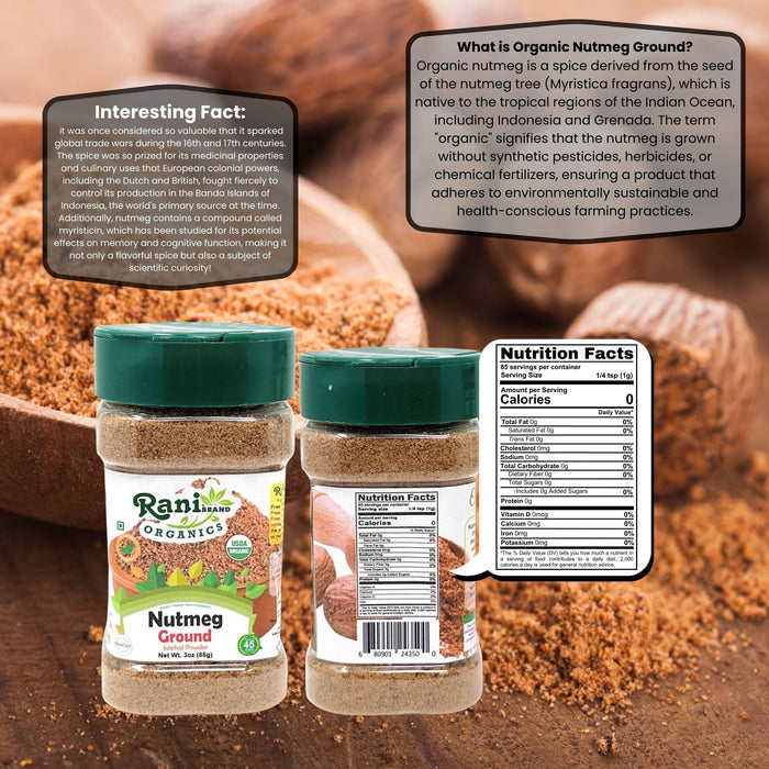 Rani Organic Nutmeg (Jaiphul) Ground Powder Spice 3oz (85g) PET Jar ~ All Natural | Vegan | Gluten Friendly | NON-GMO | Kosher | Indian Origin | USDA Certified Organic