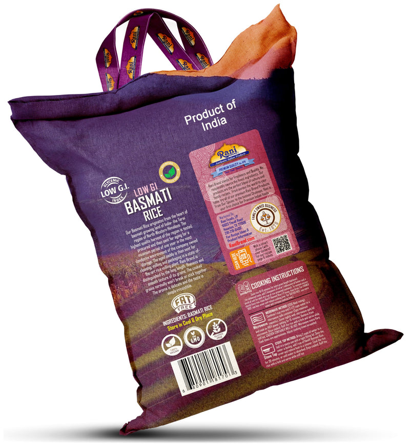 Rani White Basmati Rice Low GI (Glycemic Index) Extra Long Aged, Ideal for Diabetics, 10lbs (160oz) Pack of 4 Cloth Bag ~ All Natural | Gluten Free | Vegan | Indian Origin | Export Quality