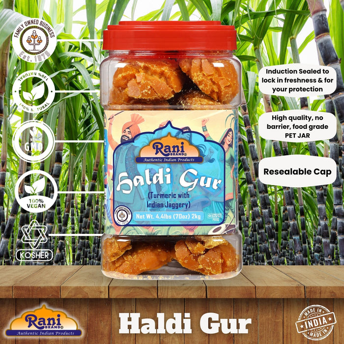 Rani Haldi Gur (Turmeric with Indian Jaggery) Indian Unrefined Raw Cane Sugar 70oz (4.4lbs) 2kg PET Jar ~ Gluten Friendly | Vegan | NON-GMO | Kosher | No Salt or fillers | Indian Product
