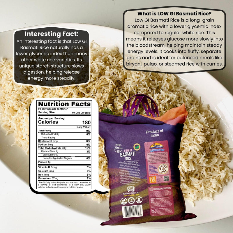 Rani White Basmati Rice Low GI (Glycemic Index) Extra Long Aged, Ideal for Diabetics, 10lbs (160oz) 4.53kg Cloth Bag ~ All Natural | Gluten Free | Vegan | Indian Origin | Export Quality