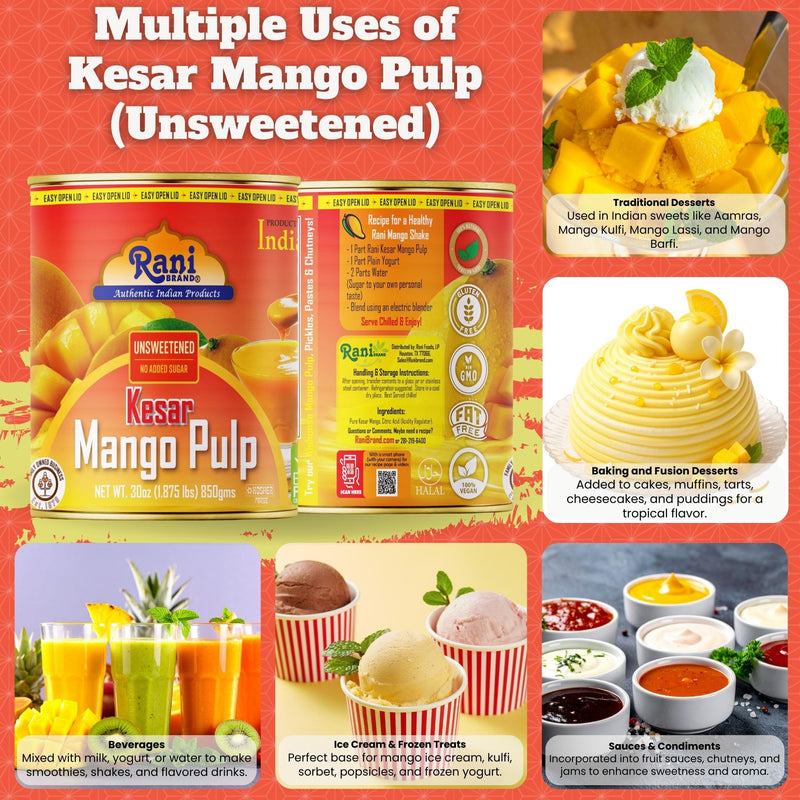 Rani Mango Pulp Puree (Makes Mango Lassi Shakes) Kesar Unsweetened 30oz (1.875lbs) 850g ~ Kosher | All Natural | NON-GMO | Vegan | No colors | Gluten Friendly | Indian Origin