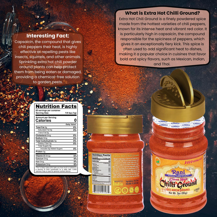 Rani Extra Hot Chilli Powder Indian Spice 3oz (85g) PET Jar ~ All Natural | Salt-Free | Vegan | No Colors | Gluten Friendly | NON-GMO | Kosher | Indian Origin