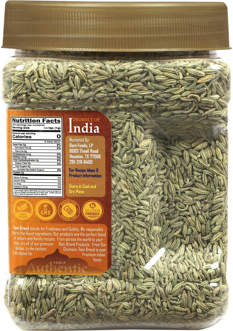 Rani Roasted Fennel Seeds (Bhuna Saunf Sabut) Whole Spice 16oz (1lb) 454g PET Jar ~ All Natural | Gluten Friendly | NON-GMO | Kosher | Vegan | Indian Origin