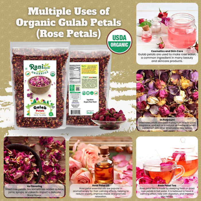 Rani Organic Gulab Petals (Rose Petals) 7oz (200g) ~ All Natural | No Color | Gluten Friendly | Vegan | NON-GMO | Kosher | No Salt or fillers | Indian Origin | USDA Organic Certified