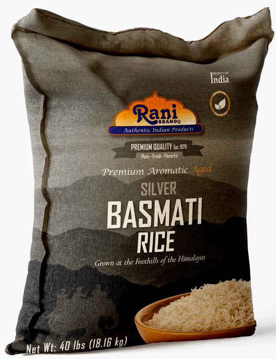 Rani Silver White Basmati Rice Extra Long Aged 40-Pound Bag, 640oz (40lbs) 18.16kg ~ All Natural | Gluten Friendly | Vegan | Indian Origin | Kosher | Export Quality