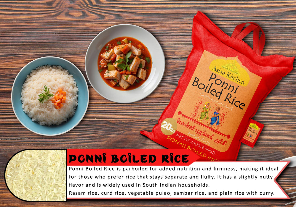 Asian Kitchen Ponni Boiled Rice 20-Pound Bag, 20lbs (9.08kg) Short Grain Par Boiled Rice ~ Natural | Gluten Friendly | Vegan