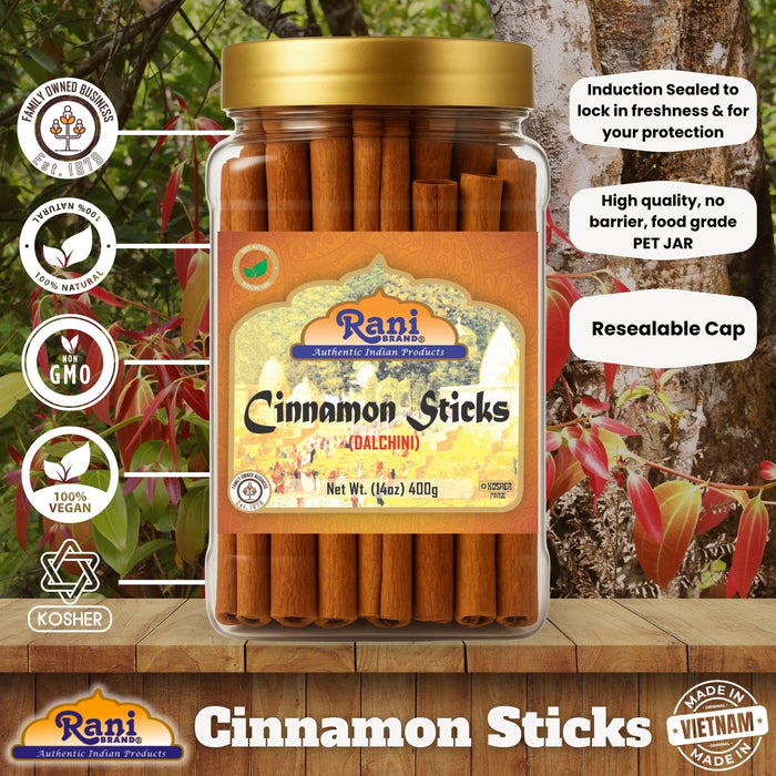Rani Cinnamon Sticks 14oz (400g) PET Jar - 72-88 Sticks - Strong Aroma, Perfect for Baking, Cooking & Beverages | 3+ Inches Length - Cassia Saigon Cinnamon from Vietnam | Kosher