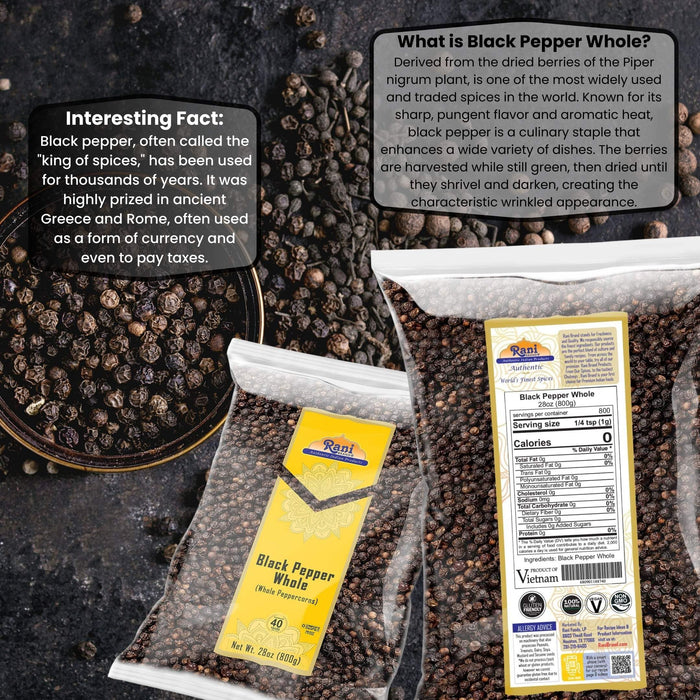 Rani Black Pepper Whole (Peppercorns), Premium MG-1 Grade 28oz (1.75lbs) 800g ~ All Natural | Gluten Friendly | Non-GMO | Kosher | Perfect Size for Grinders!