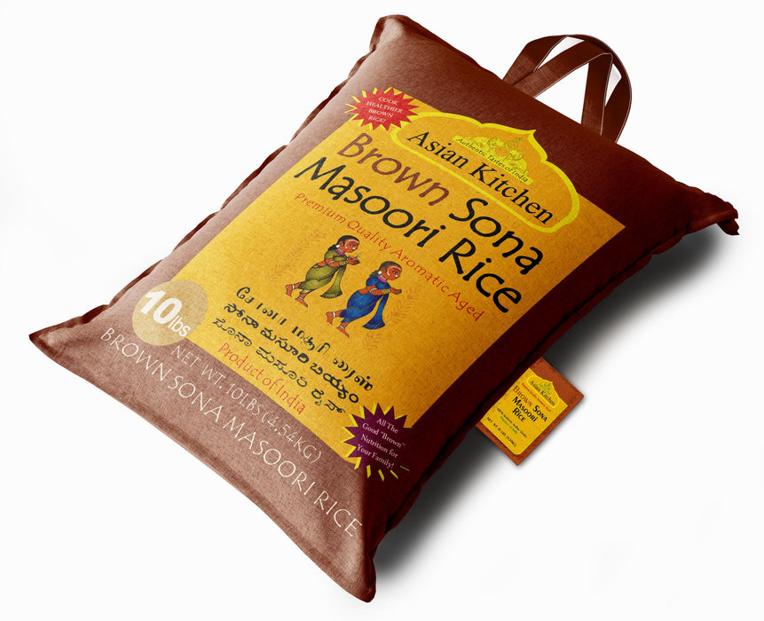 Asian Kitchen Brown Sona Masoori Aged Rice 10lbs (4.54kg) Short Grain Rice ~ All Natural | Gluten Friendly | Vegan | Kosher | Indian Origin | Export Quality