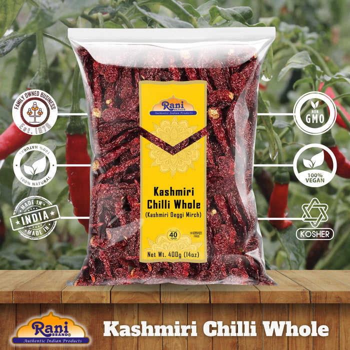 Rani Kashmiri Chilli Whole (Deggi Mirch, Low Heat) 14oz (400g) ~ Natural | Salt-Free | Vegan | No Colors | Gluten Friendly | NON-GMO | Kosher | Indian Origin