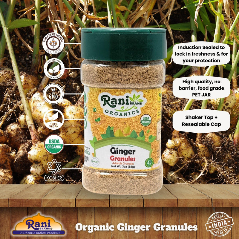 Rani Organic Granulated Ginger (Adarak Granules) 3oz (85g) PET Jar ~ All Natural | Gluten Friendly | Vegan | NON-GMO | Kosher | No Salt or fillers | Indian Origin | USDA Certified Organic