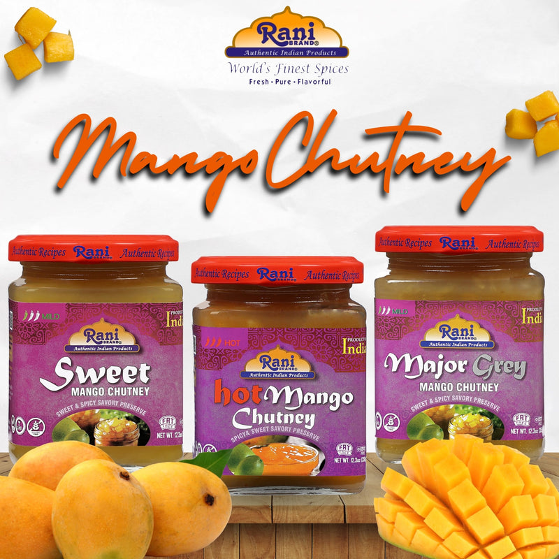 Rani 3-in-1 Mango Chutney (Hot, Sweet, Major Grey Combo Pack) 12.3oz (350g) Glass Jar, Ready to eat, Vegan ~ Gluten Free, All Natural, NON-GMO, Kosher