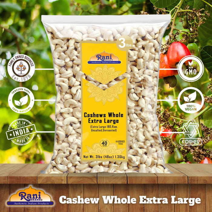 Rani Raw Cashews Whole W180 Extra Large (uncooked, unsalted) 48oz (3lbs) 1.36kg Bulk ~ All Natural, No Preservatives | Vegan | Kosher | NON-GMO | Gluten Friendly