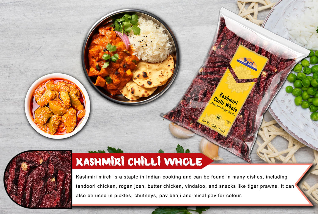 Rani Kashmiri Chilli Whole (Deggi Mirch, Low Heat) 14oz (400g) ~ Natural | Salt-Free | Vegan | No Colors | Gluten Friendly | NON-GMO | Kosher | Indian Origin