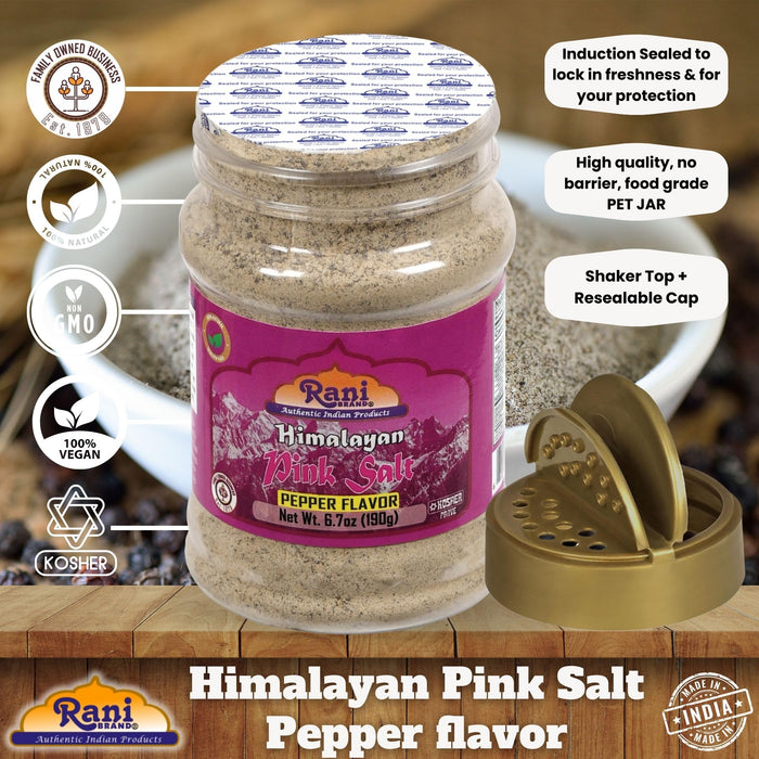 Rani Himalayan Pink Salt Pepper Flavor (84 Essential Trace Minerals) 6.7oz (190g) PET Jar ~ All Natural | Vegan | Gluten Friendly | NON-GMO | Indian Origin