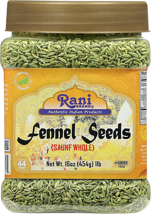 Rani Fennel Seeds (Saunf Sabut) Whole Spice 16oz (1lb) 454g PET Jar ~ All Natural | Gluten Friendly | NON-GMO | Vegan | Kosher | Indian Origin