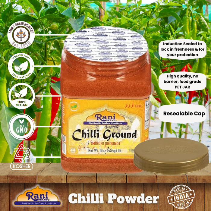 Rani Chilli Powder (Mirchi) Ground Indian Spice 16oz (1lb) 454g PET Jar ~ All Natural | Salt-Free | Vegan | No Colors | Gluten Friendly | NON-GMO | Kosher | Indian Origin