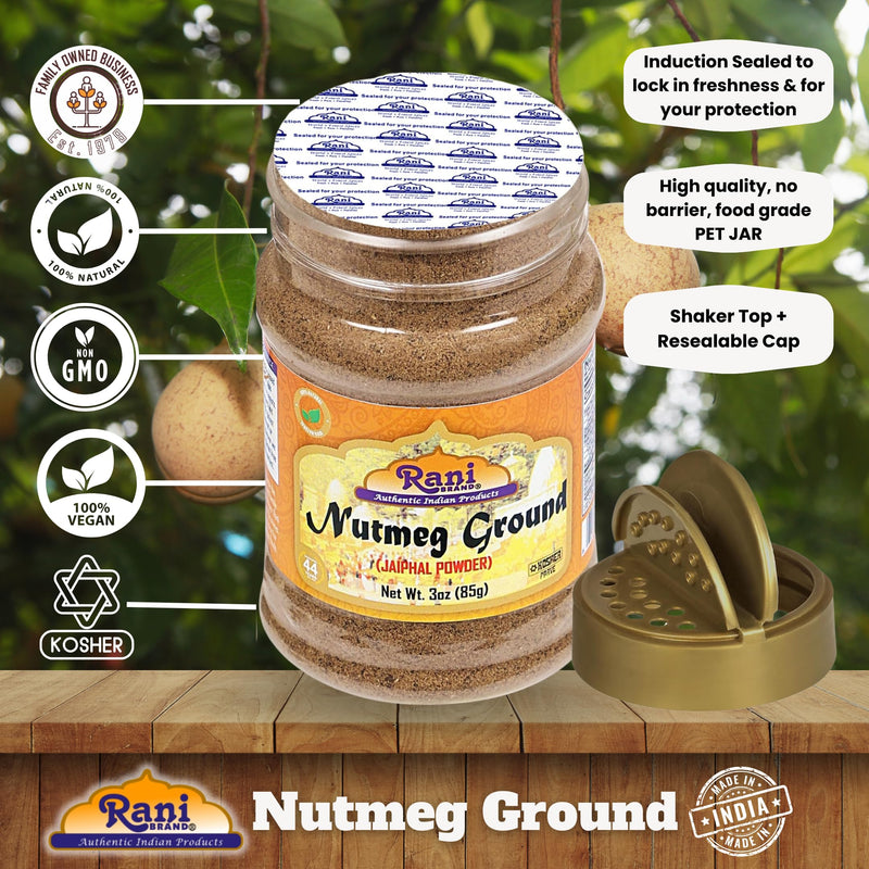 Rani Nutmeg (Jaiphul) Ground Powder Spice 3oz (85g) PET Jar ~ Perfect for Baking, Cooking, Smothies, Lattes & Dessert, All Natural | Vegan | Gluten Friendly | NON-GMO | Kosher | Indian Origin