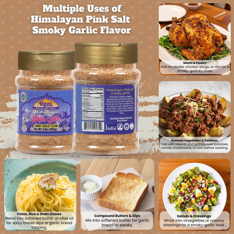 Rani Himalayan Pink Salt Smokey Garlic Flavor (84 Essential Trace Minerals) 5.8oz (164g) PET Jar ~ All Natural | Vegan | Gluten Friendly | NON-GMO | Indian Origin