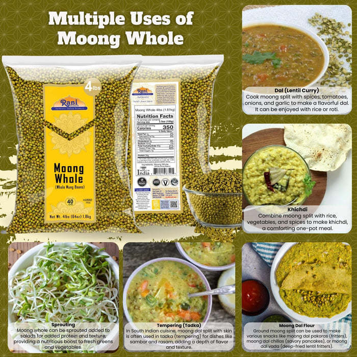 Rani Moong Whole (Whole Mung Beans with skin) Indian Lentils, 64oz (4lbs) 1.81kg ~ All Natural | NON-GMO | Kosher | Vegan | Indian Origin