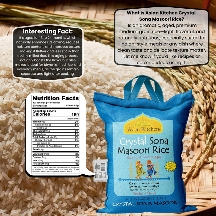 Asian Kitchen Crystal Sona Masoori Aged Rice 20lbs (9.08kg) Short Grain Rice ~ All Natural | Gluten Friendly | Vegan | Indian Origin | Export Quality