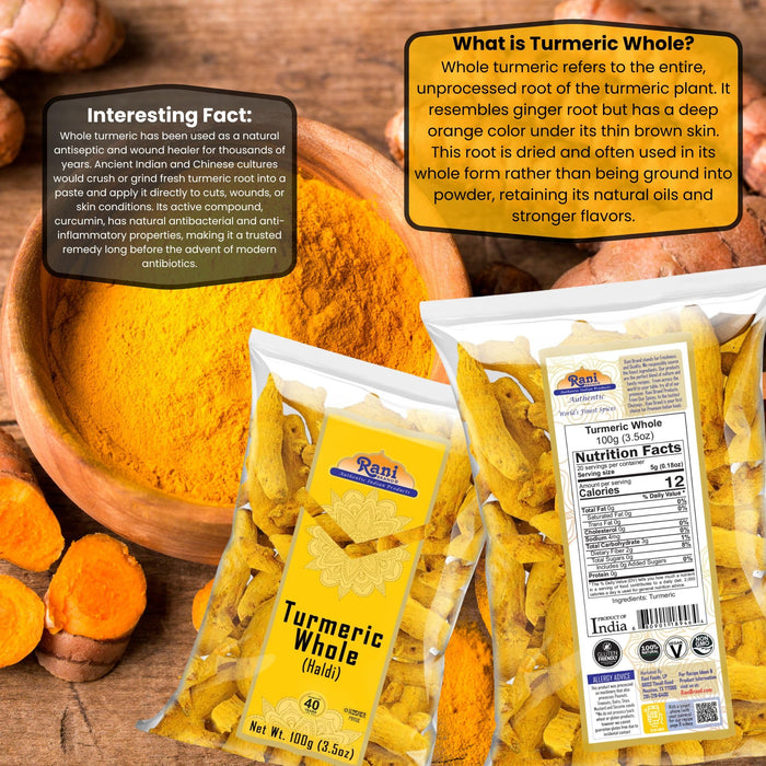 Rani Turmeric (Haldi) Root Whole Spice, Dried 3.5oz (100g) ~ All Natural | 100% Pure | Vegan | Gluten Friendly | NON-GMO | Kosher | Indian Origin