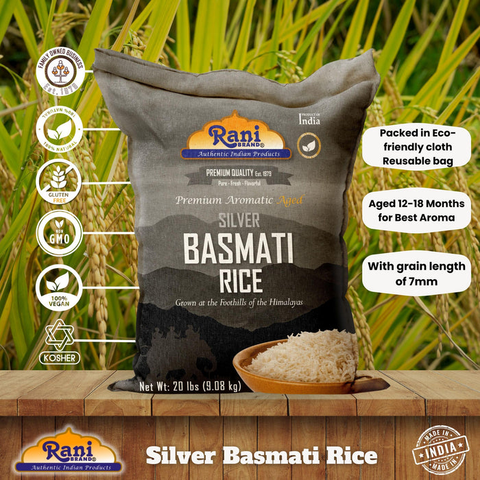 Rani Silver White Basmati Rice Extra Long Aged 20-Pound Bag, 320oz (20lbs) 9.08kg ~ All Natural | Gluten Friendly | Vegan | Indian Origin | Kosher | Export Quality